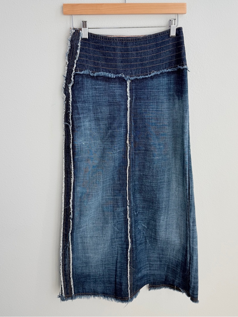 Vintage Y2K Religion Denim Maxi Skirt Japan Flag Deconstructed Distressed